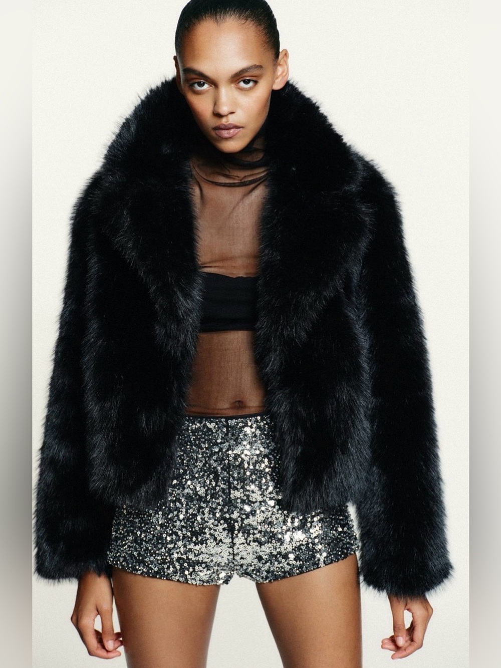 Zara NWT Black Faux Fur Cropped Jacket Plush Winter Coat